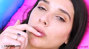 personal pov of alluring brunette amateur showing her adorable petite body in solo massage