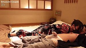 my lewd kimono girlfriend cums hard in cowgirl with shaved pussy