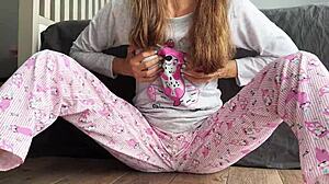 teen in pajamas masturbates and squirts