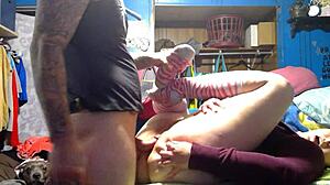 Blonde slut gets fucked hard in doggystyle, bent over with tattoos