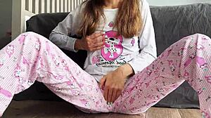 teen in pajamas masturbates and squirts