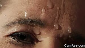 Peculiar babe receives intense bukkake facial and gulps all the semen