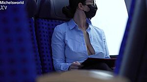petite wife acts as blindfolded slave with big natural tits exposed braless downblouse in public outdoor lingerie scene