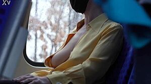petite wife acts as blindfolded slave with big natural tits exposed braless downblouse in public outdoor lingerie scene