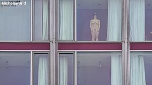 petite wife acts as blindfolded slave with big natural tits exposed braless downblouse in public outdoor lingerie scene