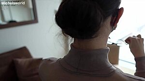 petite wife acts as blindfolded slave with big natural tits exposed braless downblouse in public outdoor lingerie scene