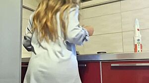 Hot girl cleans stove, shows tits and ass, masturbates intensely