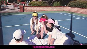 three horny teens 18+ seduce tennis instructor and fuck on court doggystyle 😏