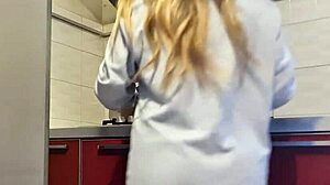 Hot girl cleans stove, shows tits and ass, masturbates intensely