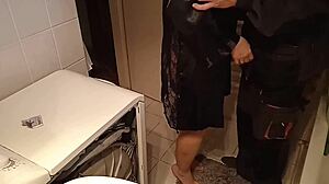 Can the repairman satisfy the sexy mature wife while her husband sleeps? Then he wakes and joins.