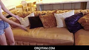 Hot stepsisters take turns sucking horny stepbrother's cock