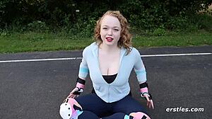 Busty amateur Sarah masturbates naked after exercise, reaching orgasm