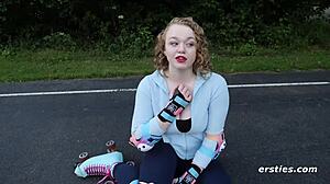 Busty amateur Sarah masturbates naked after exercise, reaching orgasm