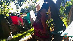 Klaudia Ambergirl enjoys a solo outdoor session in stockings.