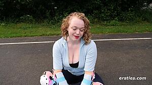 Busty amateur Sarah masturbates naked after exercise, reaching orgasm