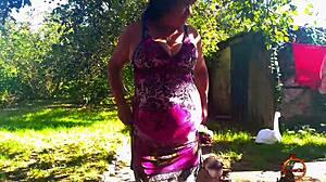 Klaudia Ambergirl enjoys a solo outdoor session in stockings.