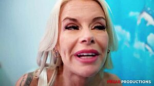 Canadian blonde gets her tight pussy stuffed and choked under the shower