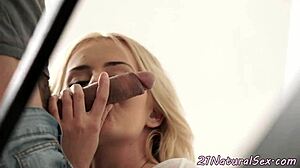 Beauty sucks dick then gets banged hard on stairs