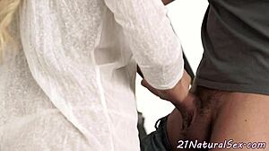 Beauty sucks dick then gets banged hard on stairs