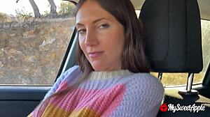 couple on road trip has desperate fuck with cumshot in car