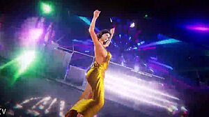 This beautiful woman is shaking her hips in an energetic dance performance