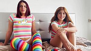 in putalocura, pretty young latinas marina gold and rosie cage get fucked doggystyle and swallow cum in threesome