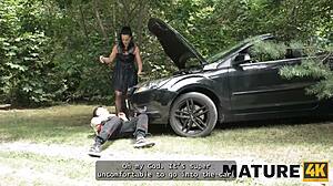 mature brunette seduces young guy in woods for public sex