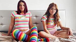 in putalocura, pretty young latinas marina gold and rosie cage get fucked doggystyle and swallow cum in threesome