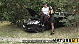 mature brunette seduces young guy in woods for public sex