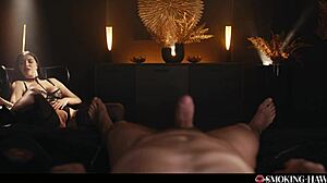 Hot Brunette In Lingerie Smokes Cigarette While Getting Groped