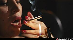 Hot Brunette In Lingerie Smokes Cigarette While Getting Groped