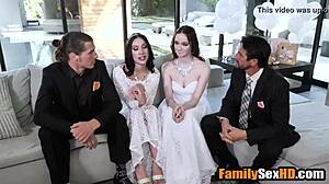 Blonde and brunette lesbian brides in wedding outfits get hardcore fucked by stepfathers in taboo foursome sex.