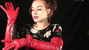 Experienced housewife gives red leather glovejob with dirty talk