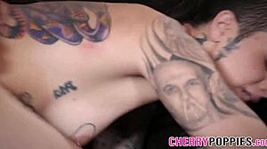 Tattooed brunette teen 18+ riding cock jerks for cum