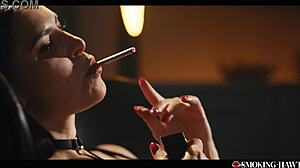 Hot Brunette In Lingerie Smokes Cigarette While Getting Groped