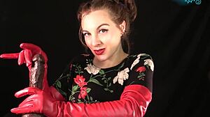 Experienced housewife gives red leather glovejob with dirty talk