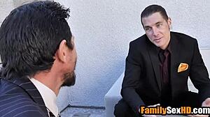 Blonde and brunette lesbian brides in wedding outfits get hardcore fucked by stepfathers in taboo foursome sex.