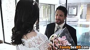 Blonde and brunette lesbian brides in wedding outfits get hardcore fucked by stepfathers in taboo foursome sex.