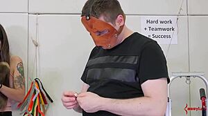 Roughly throat fucked submissive bound in bondage succumbs to dominant with toys.