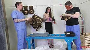 Roughly throat fucked submissive bound in bondage succumbs to dominant with toys.