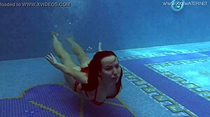 watch lina mercury, russian babe with big tits, in red lingerie underwater at the pool