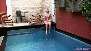 Blonde tranny babe Carol Penelope treats herself to a rubber cock in solo masturbation play with toys and crossdressing sex