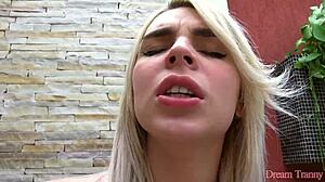 Blonde tranny babe Carol Penelope treats herself to a rubber cock in solo masturbation play with toys and crossdressing sex