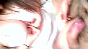 Horny blonde with big tits sucks and jerks off monster cock.