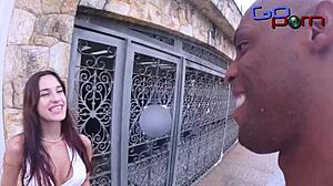 latina brunette gets cum on ass after street blowjob