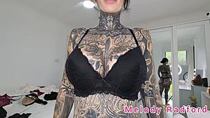 melody radford tries on black and purple lingerie