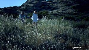 Scarlet and Eden having hot outdoor lesbian sex in 4K.