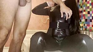 A dominant woman in black latex gets fucked hard and cummed on her ass.