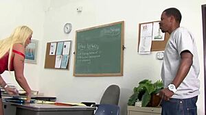 blonde slutty curvy milf teacher hints at getting a big black cock in this interracial scene