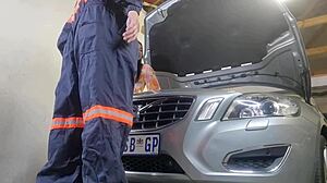 Amateur couple with shaved pussy babe bent over in miniskirt. Mechanic fucks wife doggystyle for creampie while husband watches as cuckold.